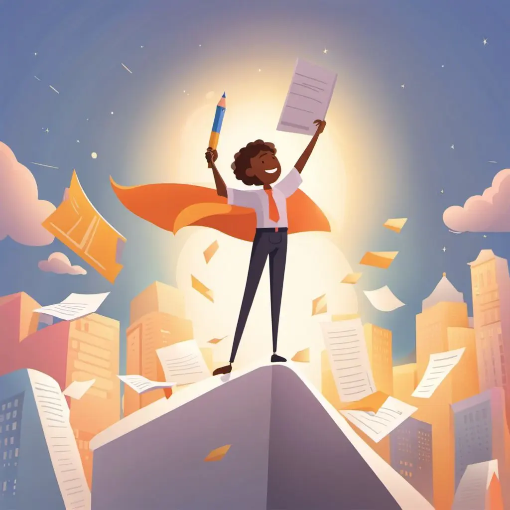 A writer pondering at a desk in an abstract artistic forest with lights